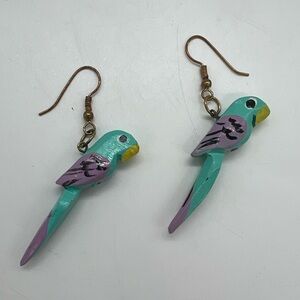 Handcrafted Wood Parrot Bird Earrings Aqua Turquoise Purple Dangle